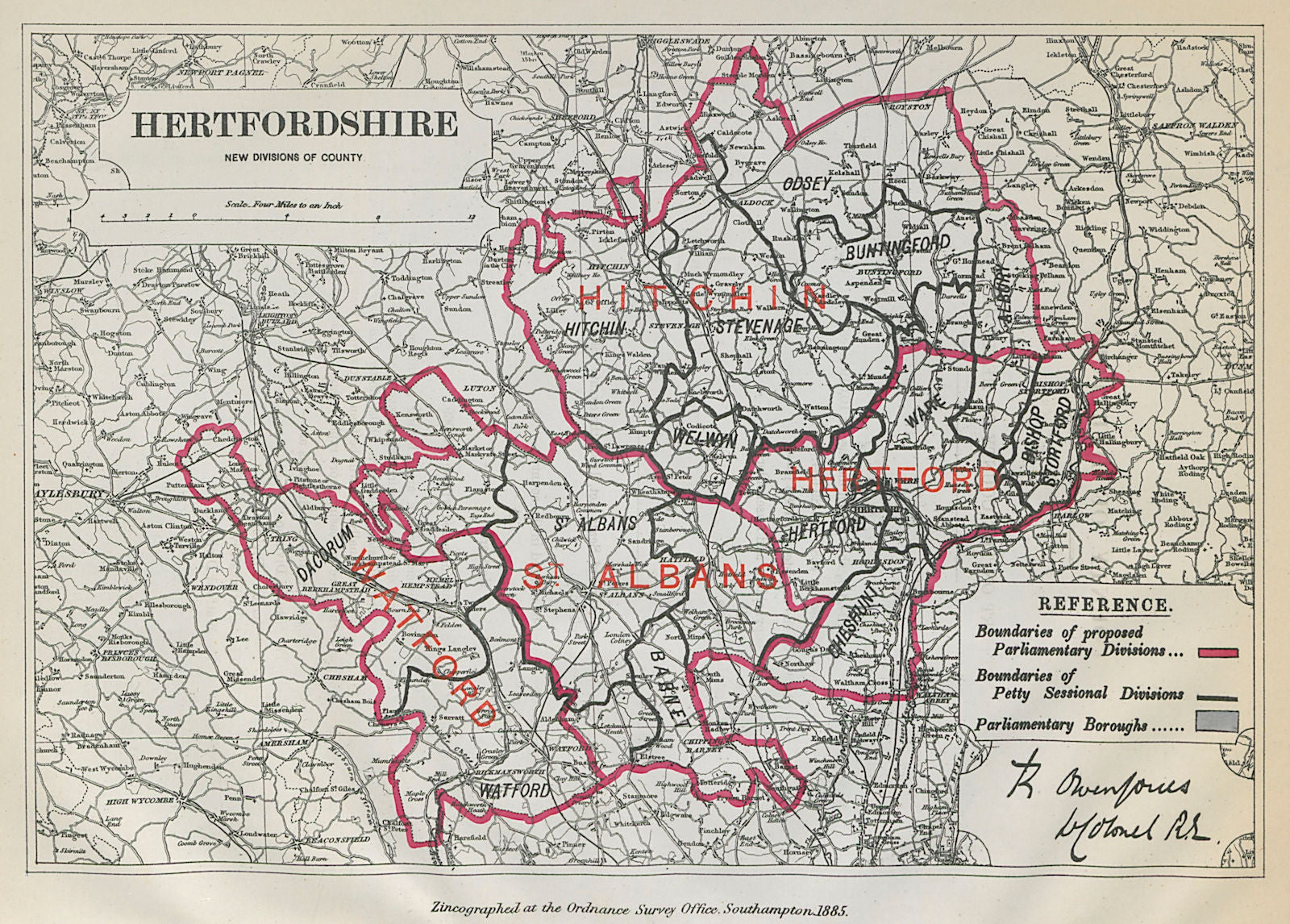 Hertfordshire Parliamentary Divisions. Watford. BOUNDARY COMMISSION 1885 map